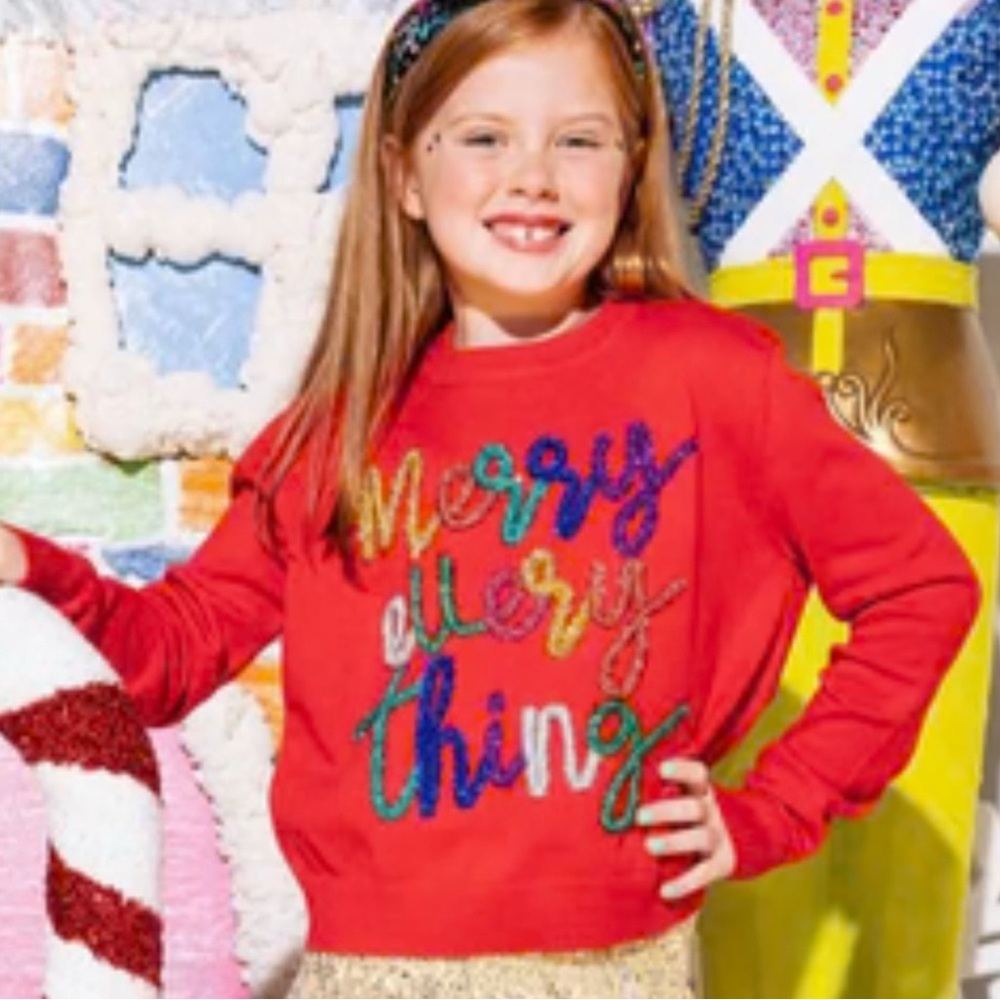 ❤️QUEEN OF SPARKLES kids L （8-9y ）Red 'Merry Everything' Sweatshirt